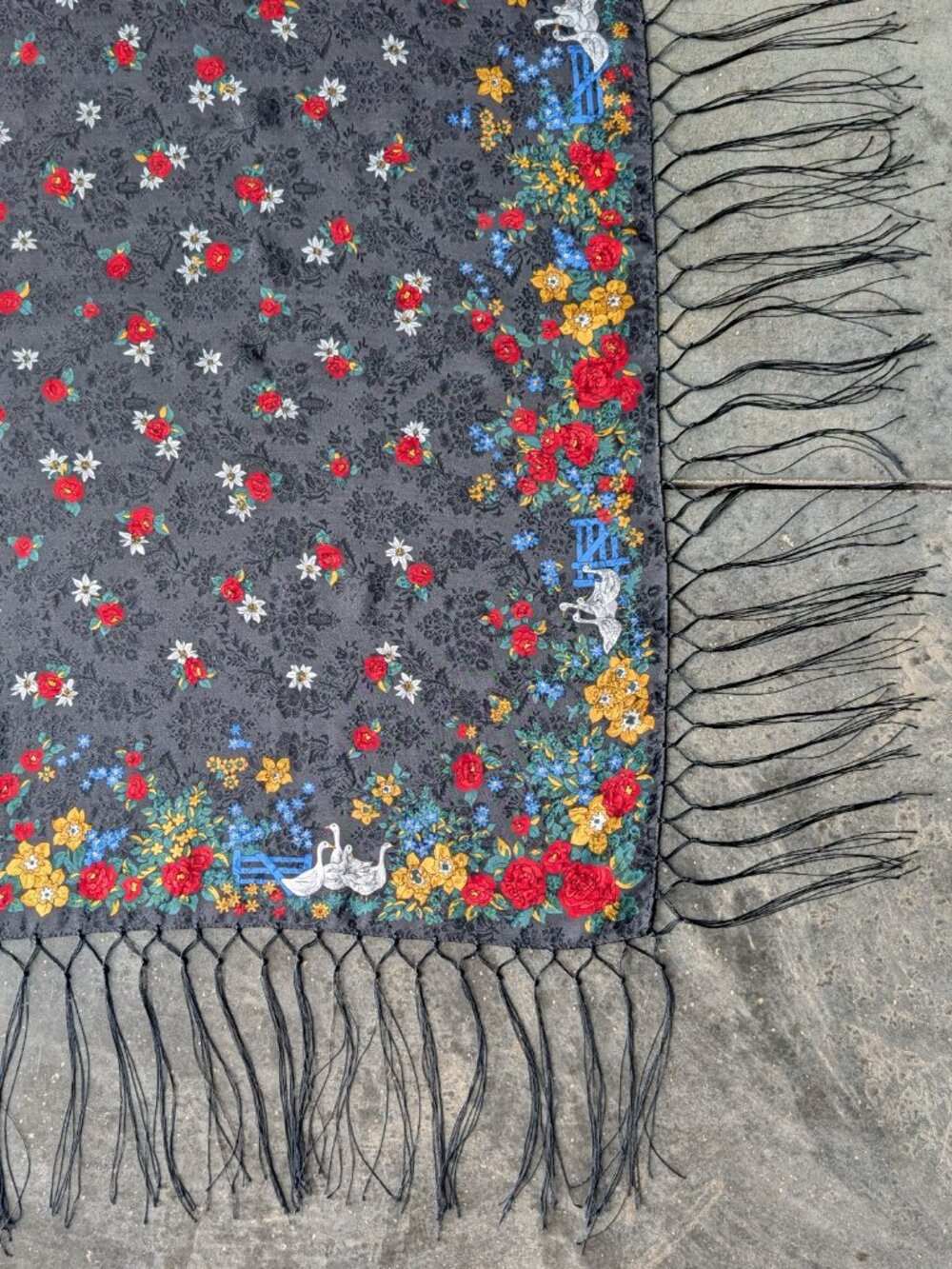 Vintage Silk Goose Scarf Black Floral Fringe Square Scarf - Picture 3 of 8